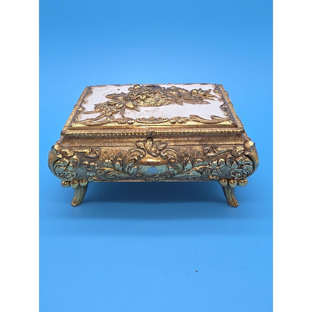 Vintage Brass Footed Ornate Jewelry Trinket Box Floral Red Lining